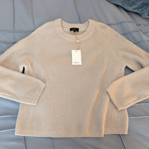 Quince 100% Mongolian Cashmere Fisherman Sweater Crew neck Heather Cloud Beige L - Picture 1 of 5